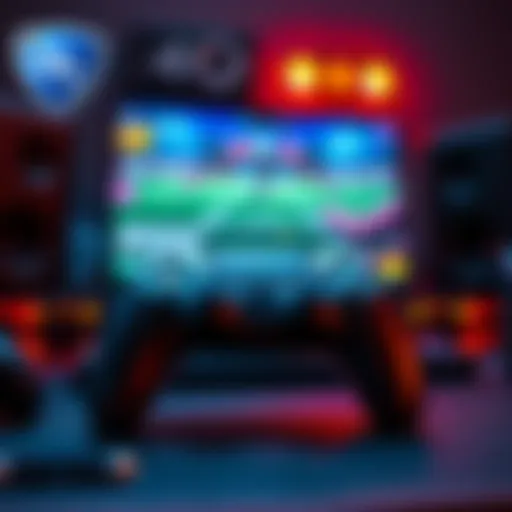 A PS5 controller on a gaming setup with Rocket League on screen