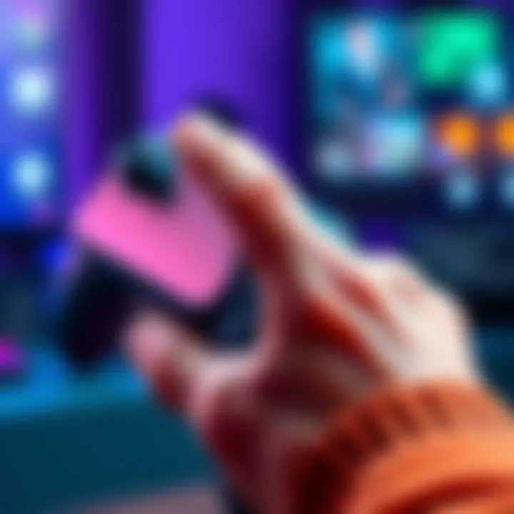 Close-up of a gaming controller featuring a snap hook attachment, showing the hand placement during gameplay