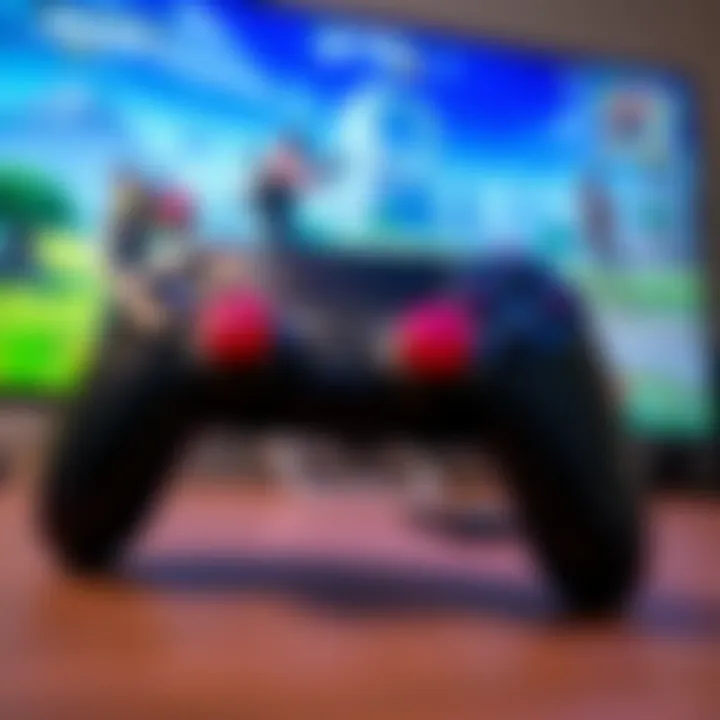 Close-up of a gaming controller showing malfunctioning triggers, with a Fortnite game screen in the background.