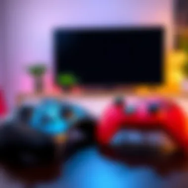 Two video game controllers on a table Two gaming controllers lying on a table with a blurred TV screen in the background, representing the gaming market