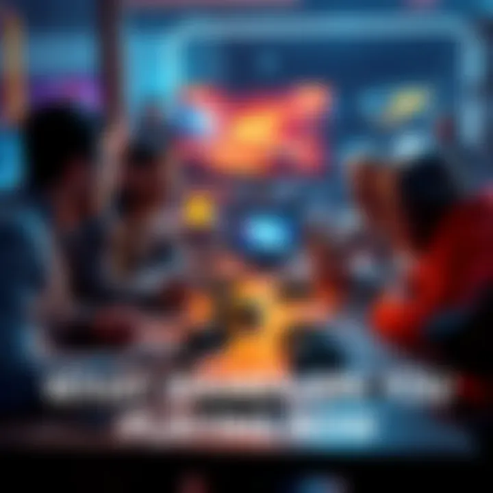 People discussing their favorite games and experiences around a table with gaming consoles and controllers