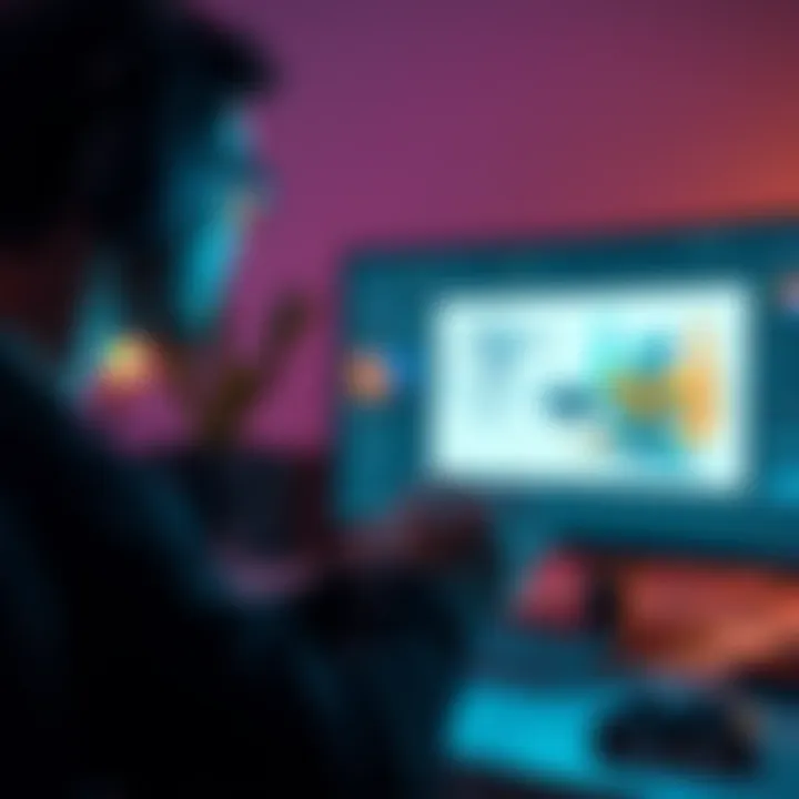 Gaming Creativity and AI Art A game developer looks at a computer screen displaying AI-generated art alongside traditional sketches, reflecting on the balance of creativity in gaming.