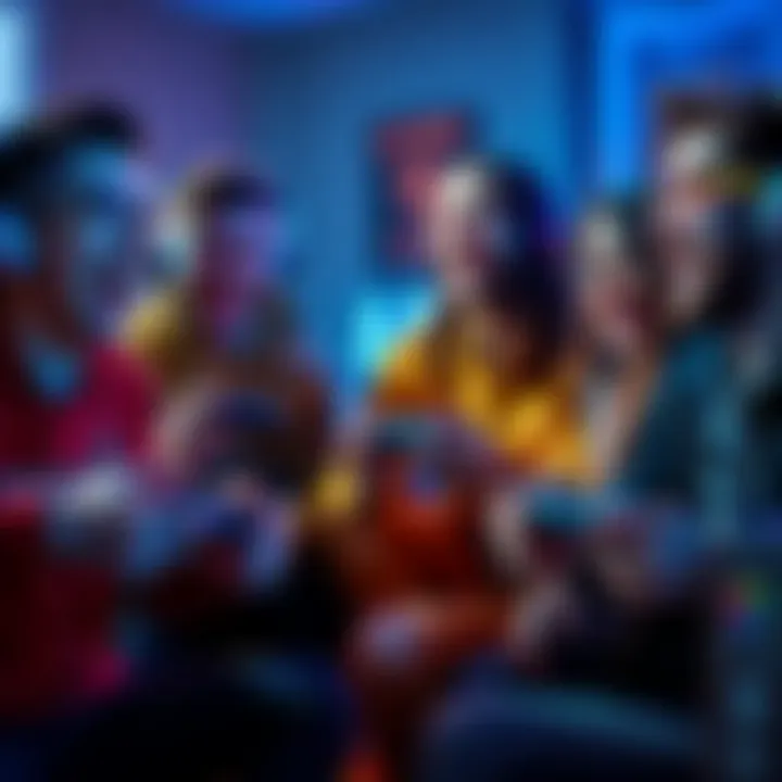 Gaming Crew with Controllers A group of friends playing video games together, using controllers and laughing