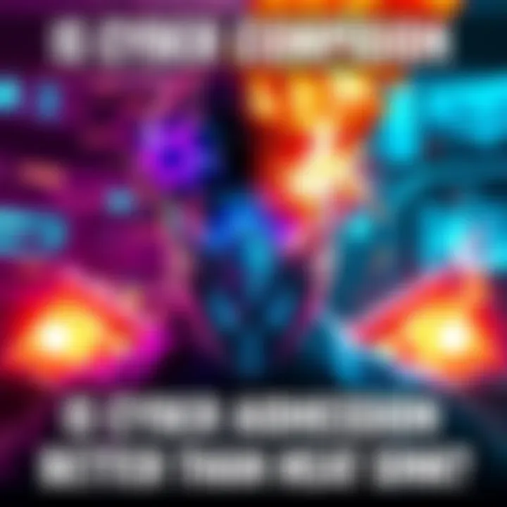 Gameplay Comparison of Cyber Adhesion and Heat Sink A split-screen showing a gamer using cyber adhesion on one side and heat sink on the other, highlighting their different strategies in battle.