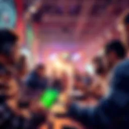 A group of people discussing video games with consoles and laptops in a lively setting