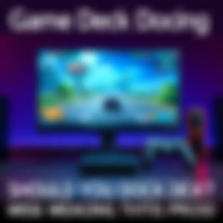 Game Deck Docking Station A gaming deck connected to a dock, displaying a game on a monitor, with a controller beside it.