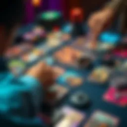 A player setting up various cards on a gaming table filled with vibrant decks and strategy notes