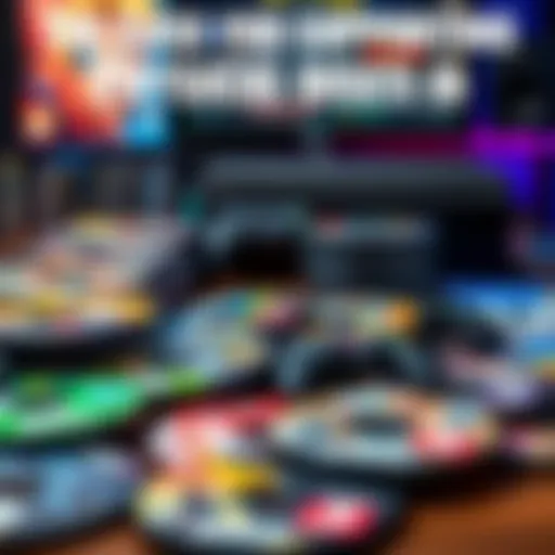 Gaming Discs Display A collection of physical game discs arranged on a table, showcasing their colorful covers