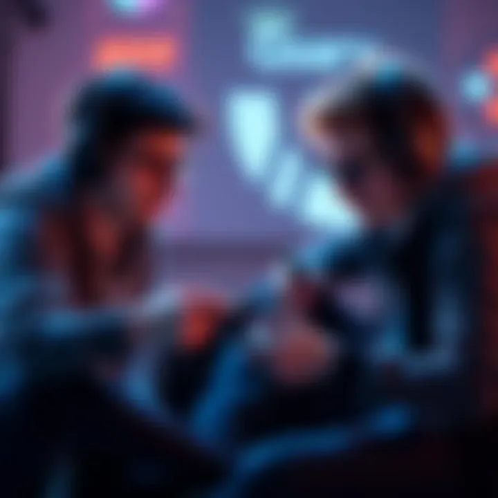 Gaming Duo Partnership Two gamers sitting together with controllers, strategizing for their next match, showcasing teamwork in competitive gaming.