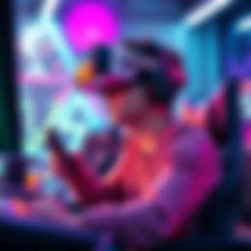 A gamer experiences new gaming technology with a VR headset and futuristic gaming equipment.