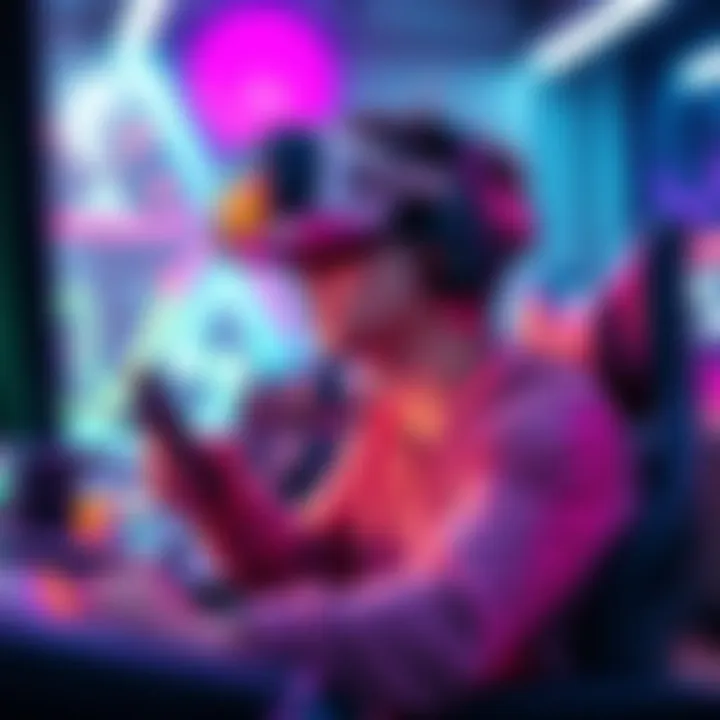 A gamer experiences new gaming technology with a VR headset and futuristic gaming equipment.