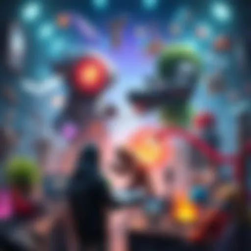 A visual representation of a complex gaming ecosystem with various characters and elements interacting in a game environment