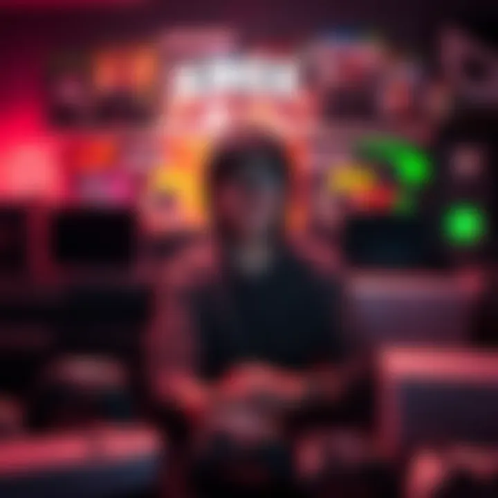 A gaming enthusiast surrounded by a collection of original Xbox games and consoles, showcasing a nostalgic gaming setup.