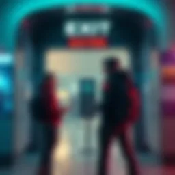 Debate at Gaming Exit Gate Two gamers discussing at an exit gate in a gaming environment, depicting differing opinions on strategy and etiquette.