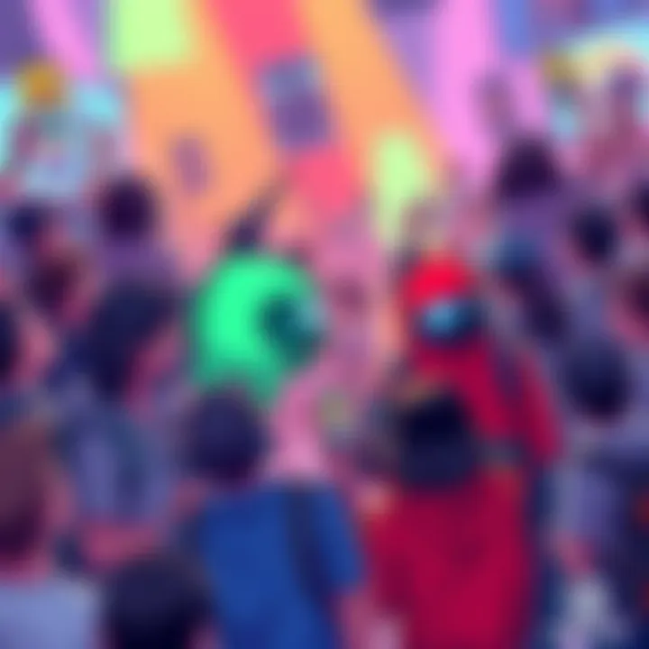 Colorful illustration of gaming characters from Among Us and Assetto Corsa surrounded by enthusiastic fans discussing game releases