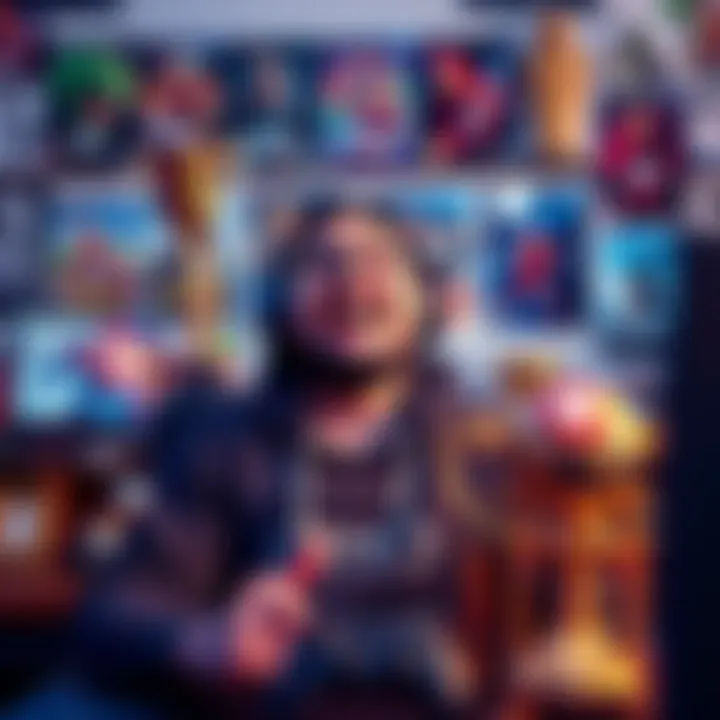 A passionate gamer celebrating their series achievements, surrounded by game trophies and posters of the series, with a joyful expression.