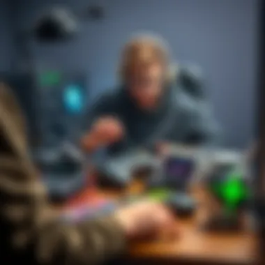A gamer comparing old equipment with new items on a desk