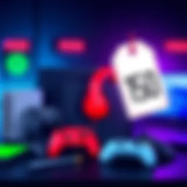 A collection of gaming consoles, laptops, and tech products with a price tag illustration symbolizing potential new tariffs