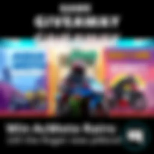 Gaming Giveaway Promotion A colorful graphic showing game titles Aqua Moto Racing Utopia, Rock of Ages, and SCHROTT: Roguelike Racer with a comment box icon