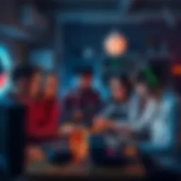 A group of friends gathered around a table with gaming equipment, sharing stories and reflecting on their loss of a fellow player, with expressions of sadness and support on their faces.
