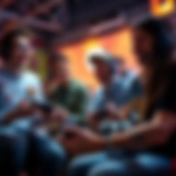 Group of gamers playing together A group of friendly gamers enjoying co-op play in a casual setting, with game controllers in hand and smiles on their faces