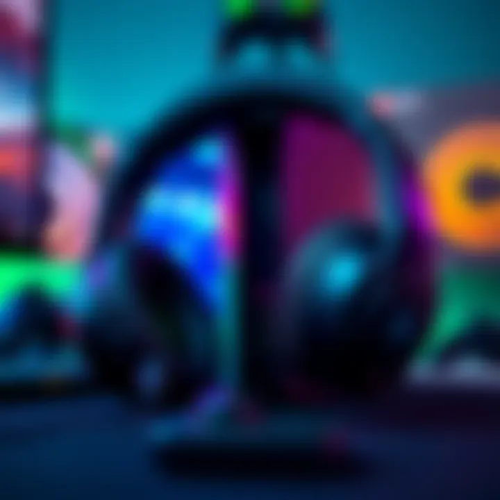 A pair of gaming headsets with a wireless device and a gaming console in the background, representing switching between Xbox and PC.