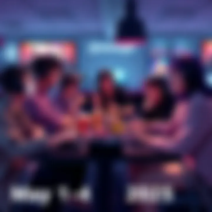 A group of gamers sharing their experiences at a table with consoles and snacks, celebrating wins and discussing strategies.