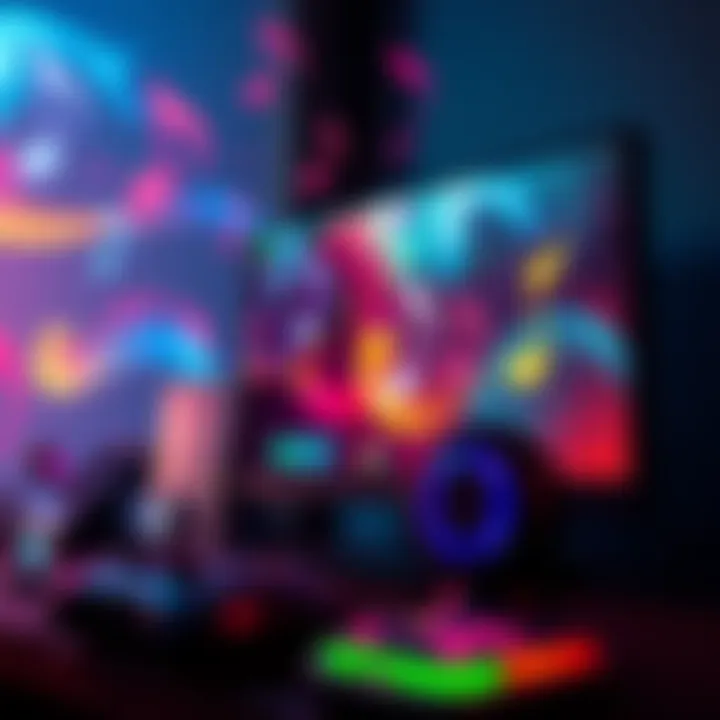 A colorful gaming home screen featuring music notes floating around, symbolizing the role of music in enhancing the gaming experience.