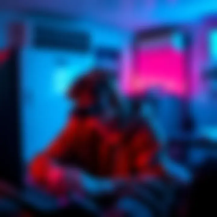 Person gaming in air conditioning Individual focused on video games in a cool room, surrounded by gaming gear and cool air from an AC unit.