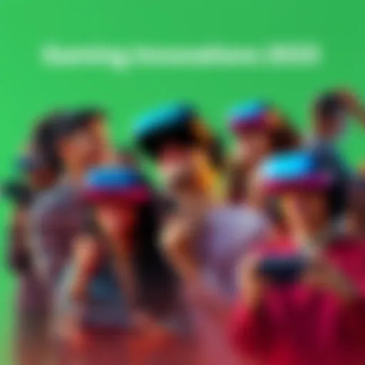 Gaming Innovations 2025 A collage showing advanced gaming consoles, virtual reality headsets, and diverse players engaging in immersive gaming experiences.