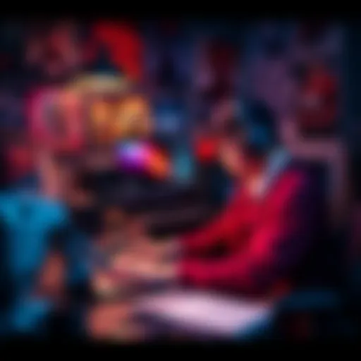 A gaming journalist sits at a desk with a laptop, analyzing gaming news articles and trends while surrounded by gaming posters and equipment.