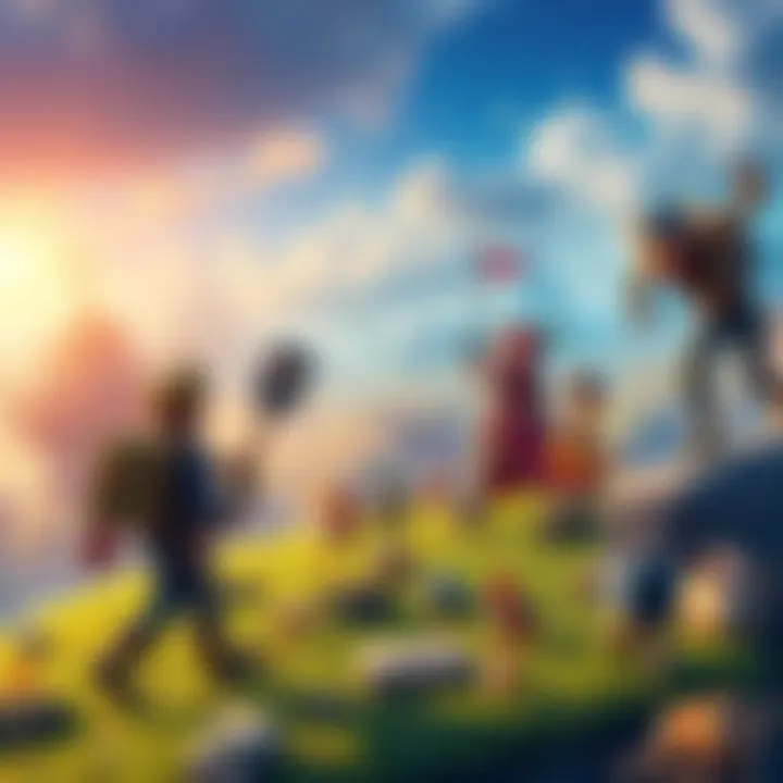 A vibrant gaming world featuring various characters in an engaging landscape filled with treasures and quests