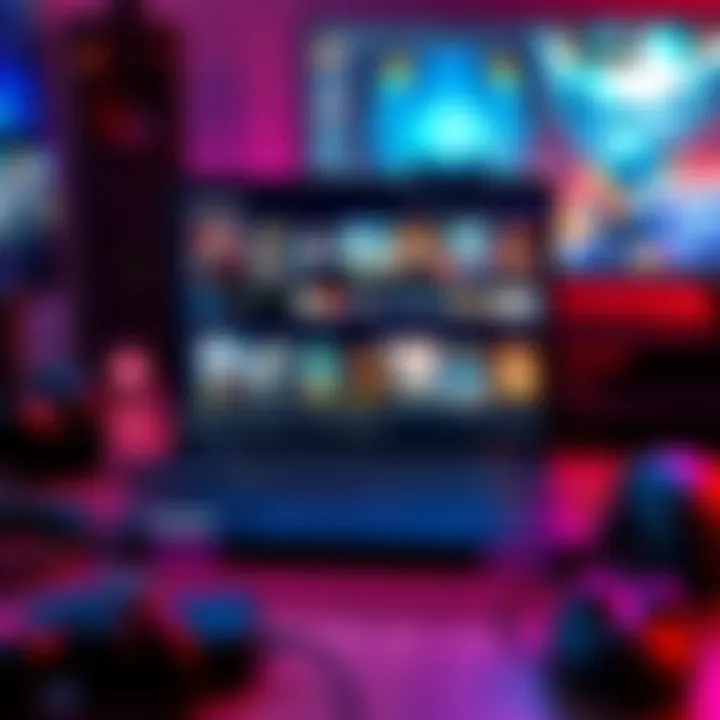 A Lenovo Pro 5 gaming laptop displaying popular game titles on the screen, surrounded by gaming accessories.