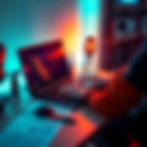 A person using a gaming laptop at a desk, with gaming accessories and work documents nearby.