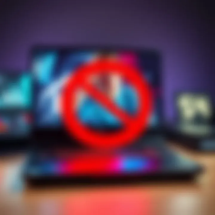 Gaming laptop with warning sign A gaming laptop with a red warning sign indicating caution against buying from Temu, with an image of a frustrated gamer in the background.