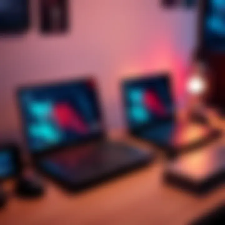Two gaming laptops on a desk A desk with two high-end gaming laptops, one being used for web browsing and the other left idle, showcasing tech waste.