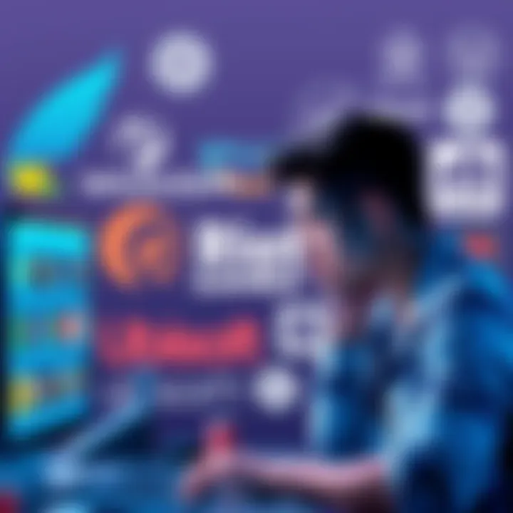 A collage of logos from Wildlight, Riot Games, and Ubisoft with a backdrop of a worried employee looking at job listings on a computer screen.