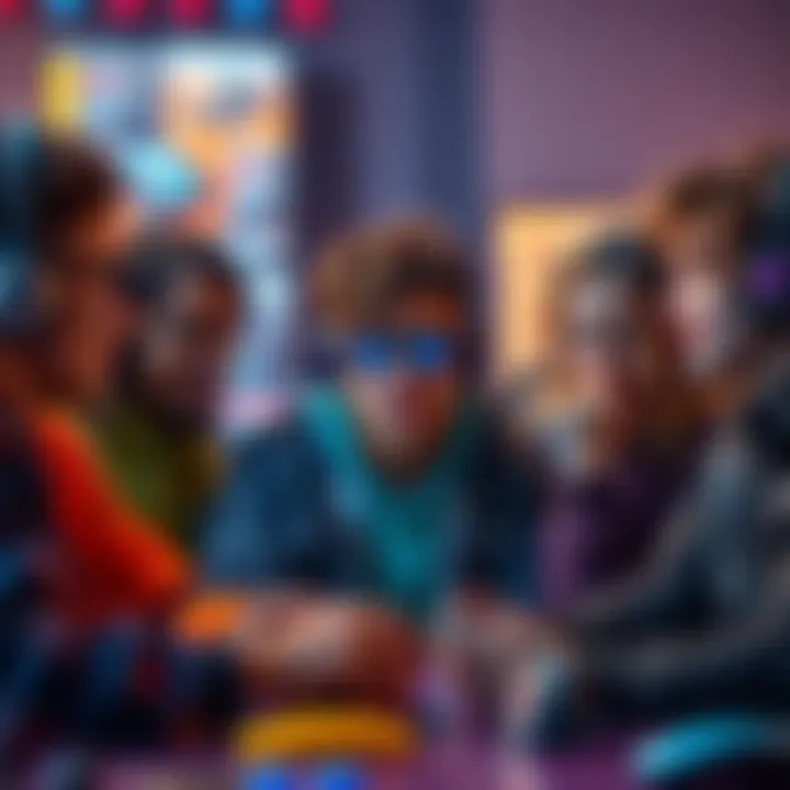 Gaming Level Up Choices A group of diverse gamers discussing which character to level up next, with game consoles and colorful screens in the background.