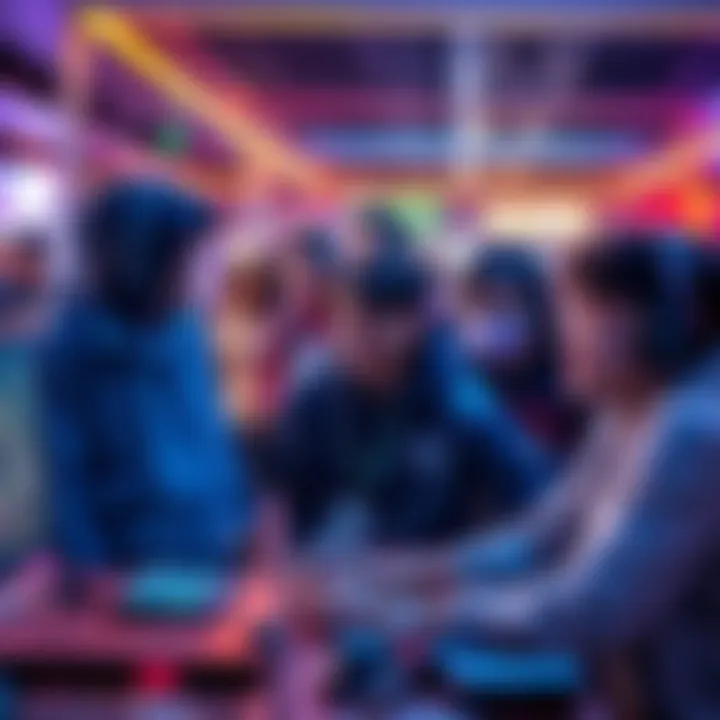 Gaming Lobby Engagement A diverse group of gamers interacting in a lively game lobby, showcasing teamwork and community spirit.