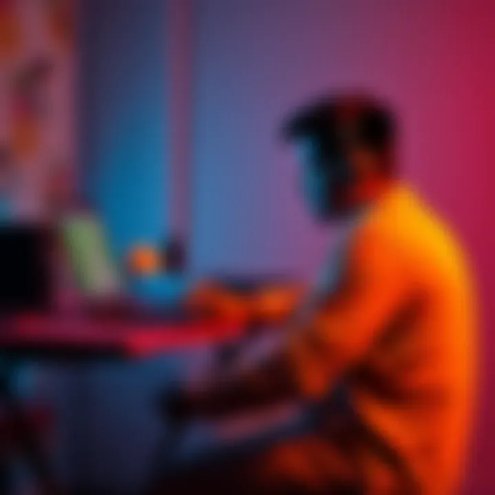 A person sitting at a desk with a low-spec laptop, looking for relaxing games to play. The laptop screen shows a simple game interface. They have a focused expression as they seek gaming tips online.