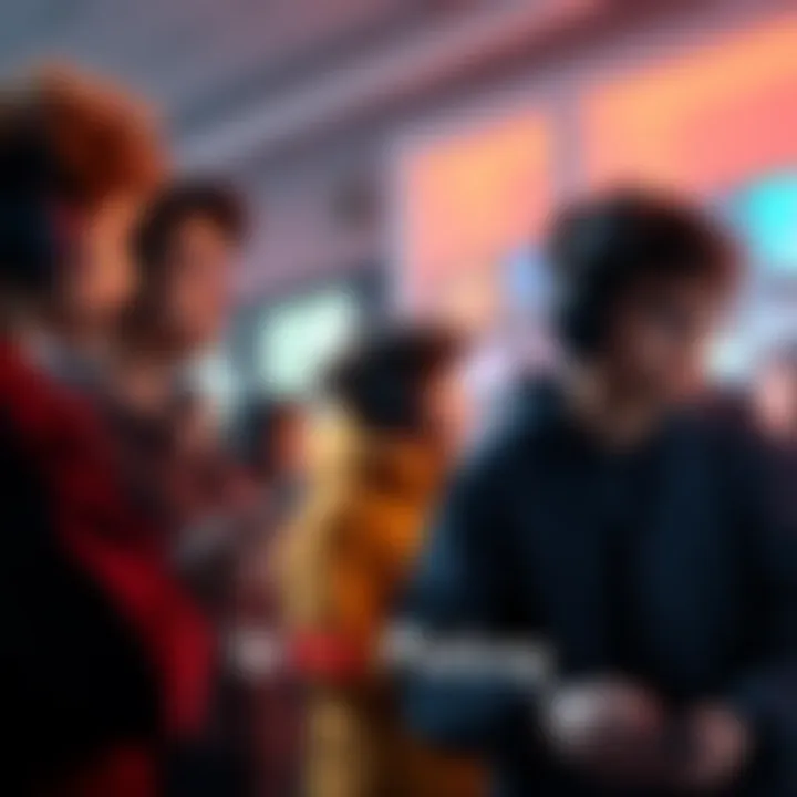 A group of gamers waiting for a matchmaking screen, looking frustrated about long wait times. One player is checking a phone while another looks at a computer monitor.