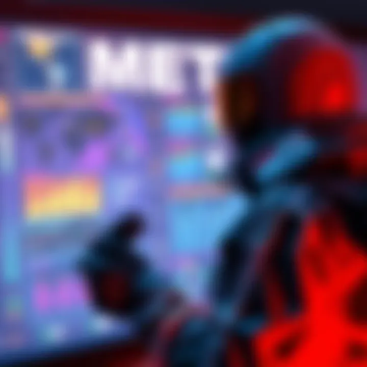 A gamer evaluating META strategies on a digital interface, with weapons and stats displayed prominently.