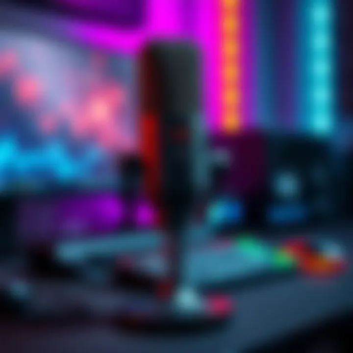 A high-quality gaming microphone on a desk with a gaming setup in the background