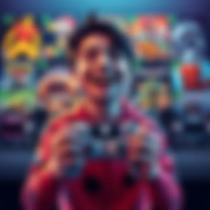 Celebrating Gaming Milestone A gamer with a joyful expression holding a controller, surrounded by game covers representing the first 10 completed games, ready for new challenges.