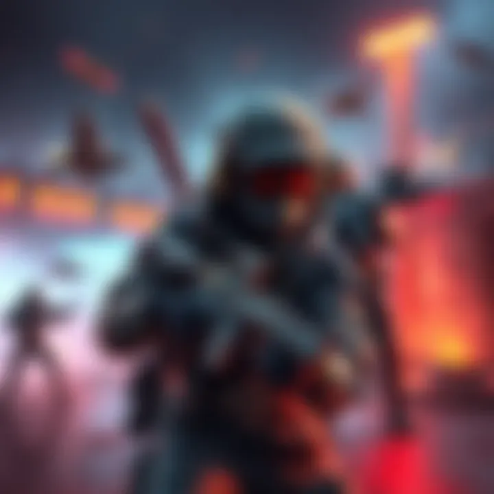 A gamer testing various weapons in a vibrant game environment filled with action and challenges.