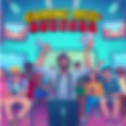 A vibrant illustration showing a diverse group of gamers excitedly discussing a popular gaming mod, with various gaming consoles and screens in the background.