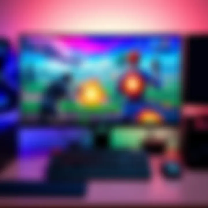 A bright gaming monitor displaying Fortnite gameplay with colorful graphics, paired with a keyboard and mouse on a desk.