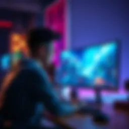 A person comparing different monitor sizes for gaming, with a large monitor on the desk