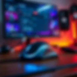 A gaming mouse placed on a desk with a computer screen visible in the background, showing a game interface that highlights sensitivity settings.