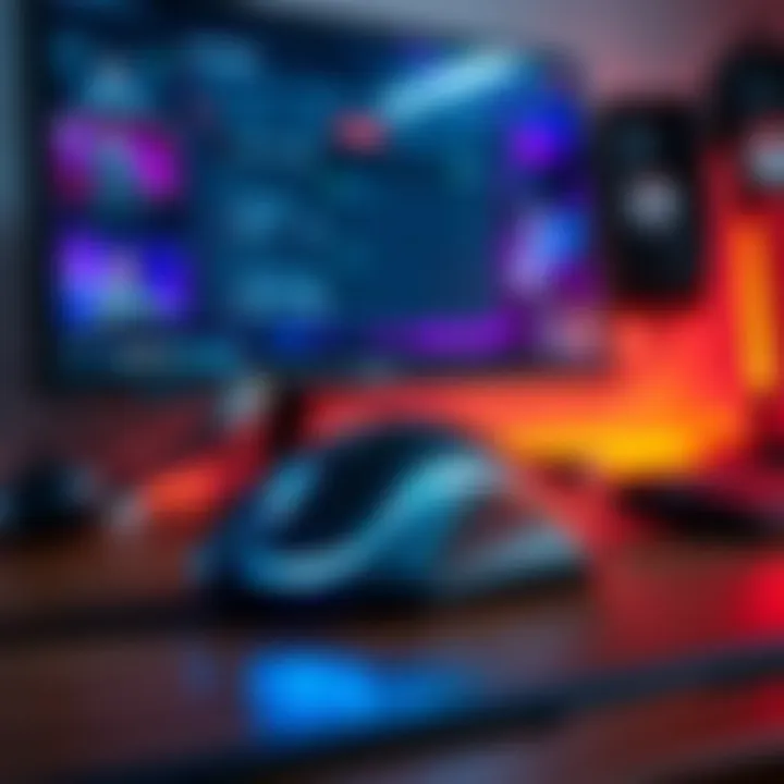 A gaming mouse placed on a desk with a computer screen visible in the background, showing a game interface that highlights sensitivity settings.